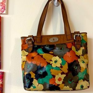 Fossil vintage key-per large tote brown floral leather top zipper inside pockets